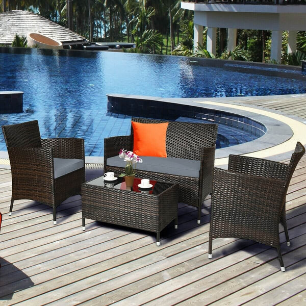 4pc Wicker Rattan Patio Conversation Furniture Set with Glass Table - Grey