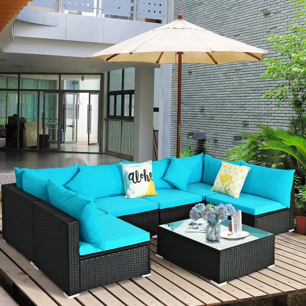 7pc Wicker Rattan Sectional Sofa Set with Cushions - Turquoise