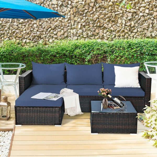 5pc Wicker Rattan Sectional Patio Set with Cushions and Coffee Table - Navy