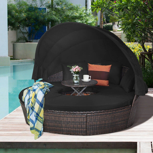 Outdoor Wicker Rattan Round Daybed with Retractable Canopy - Black