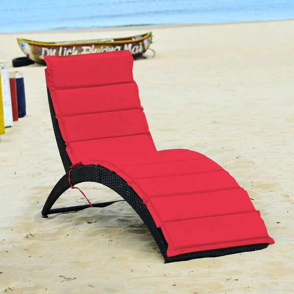 Foldable Wicker Rattan Patio Chaise Lounge Chair with Cushion - Red