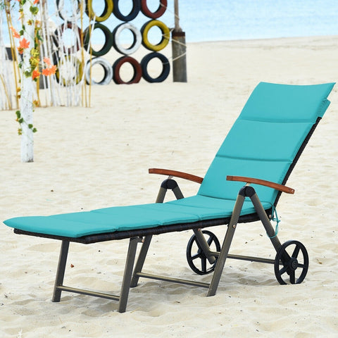 Foldable Outdoor Wicker Rattan Chaise Lounge Recliner Chair - Turquoise