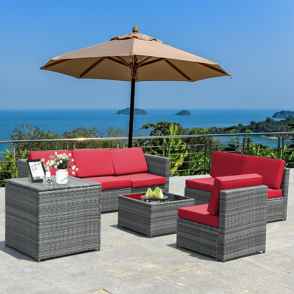 8pc Wicker Rattan Dining Set Patio Furniture with Storage Table - Red