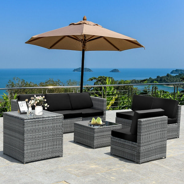 8pc Wicker Rattan Dining Set Patio Furniture with Storage Table - Black