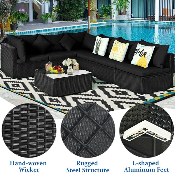 7pc Wicker Rattan Sectional Sofa Set with Cushions - Black