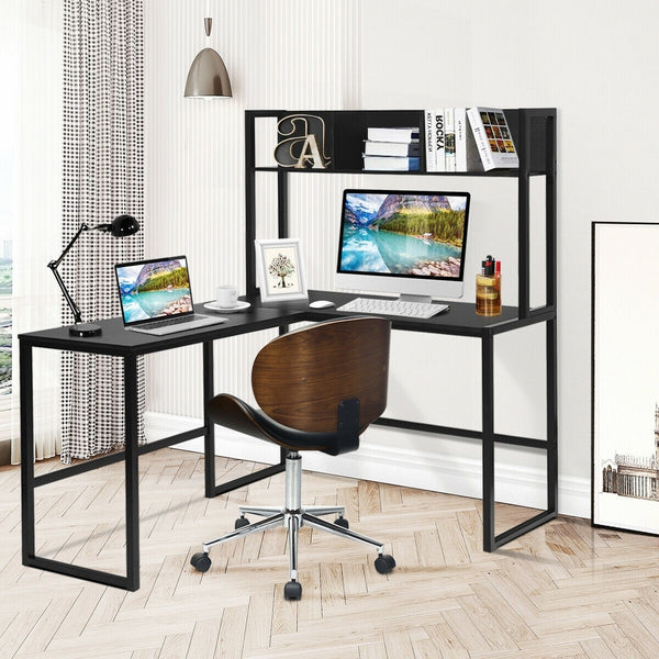 L-Shaped Computer Writing Desk with Bookshelf - Black