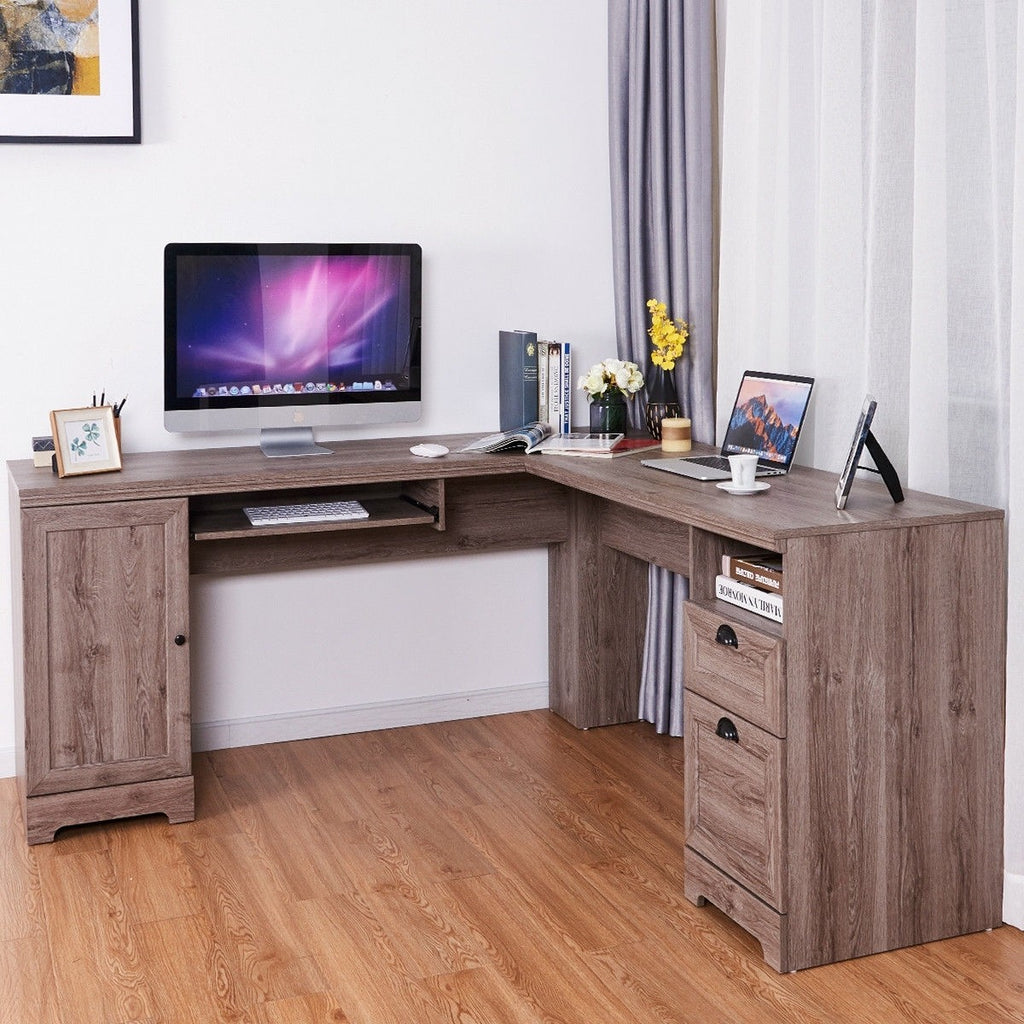 L Shaped Computer Writing Desk with Drawers - Brown