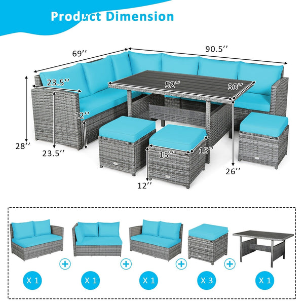 7pc Wicker Rattan Sectional Dining Set with Ottomans - Turquoise