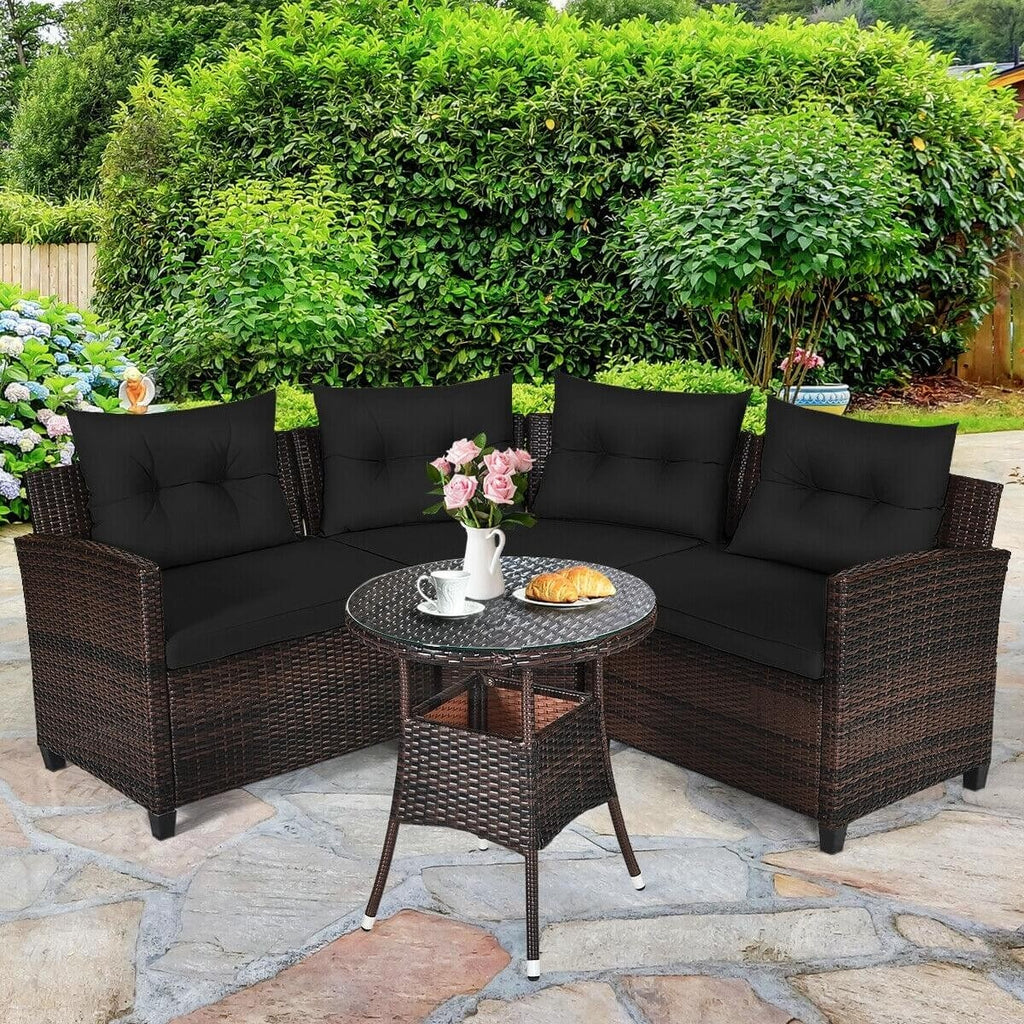 4pc Outdoor Cushioned Wicker Rattan Furniture Set - Black