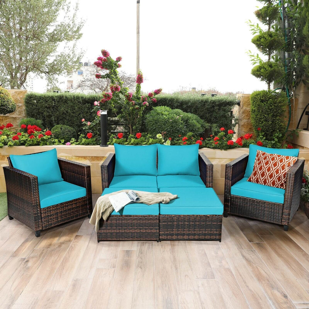 5pc Wicker Rattan Patio Cushioned Furniture Set - Turquoise