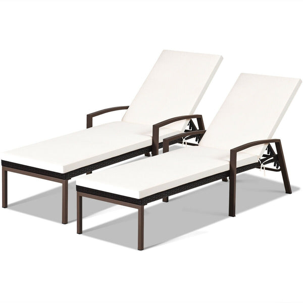 2pc Adjustable Wicker Rattan Patio Chaise Lounge Chair - White
