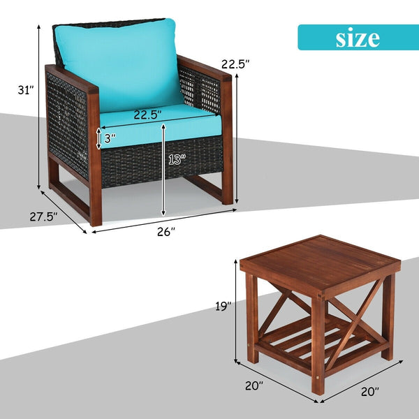 3pc Wicker Rattan Patio Furniture Set with Wooden Frame - Turquoise