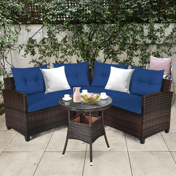 4pc Outdoor Cushioned Wicker Rattan Furniture Set - Navy
