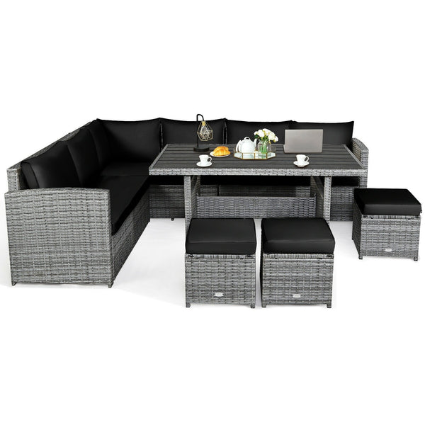 7pc Wicker Rattan Sectional Dining Set with Ottomans - Black