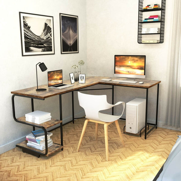 Reversible L Shaped Computer Writing Desk with Shelves - Rustic Brown