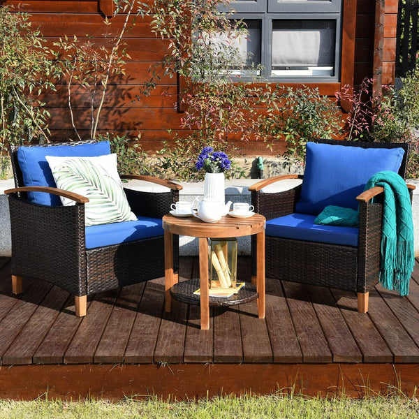 3pc Wicker Rattan Wood Frame Patio Furniture Set - Blue