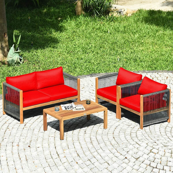 4pc Acacia Wood Outdoor Patio Furniture Set with Cushions - Red