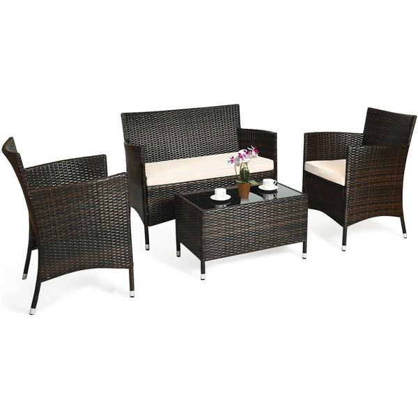 4pc Wicker Rattan Patio Conversation Furniture Set with Glass Table - Beige