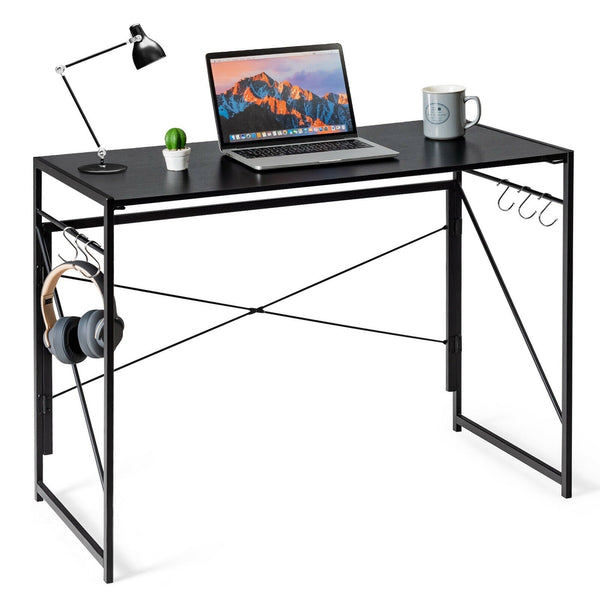 Folding Computer Writing Desk with Hooks - Black