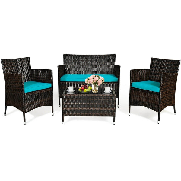 4pc Wicker Rattan Patio Conversation Furniture Set with Glass Table - Turquoise