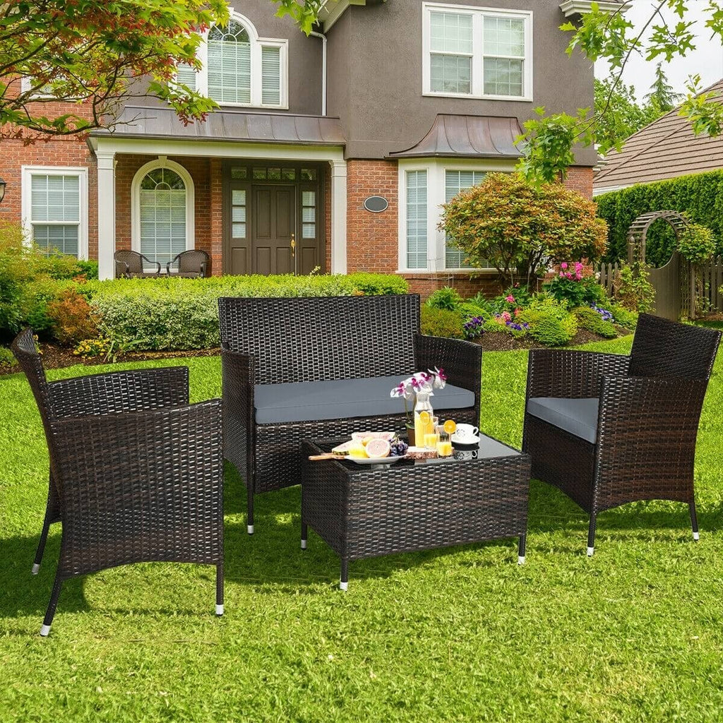 4pc Wicker Rattan Patio Conversation Furniture Set with Glass Table - Grey