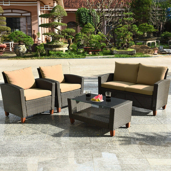 4pc Wicker Rattan Patio Furniture Set with Cushions - Brown