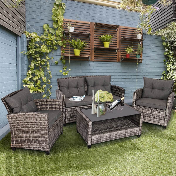 4pc Wicker Rattan Patio Furniture Set with Coffee Table and Cushioned Sofa