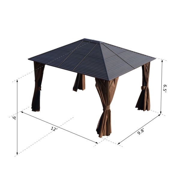 12x10 ft Steel Hardtop Patio Gazebo with Curtains and Mesh Net