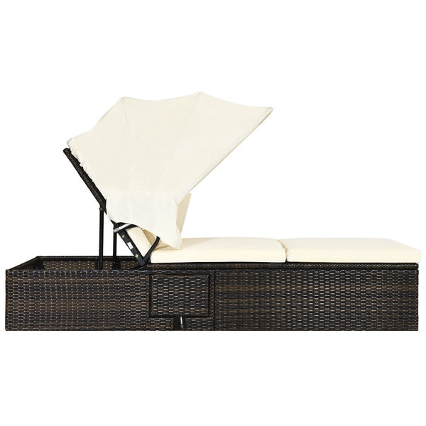 Outdoor Chaise Lounge Chair with Folding Canopy - White