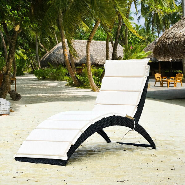 Foldable Wicker Rattan Patio Chaise Lounge Chair with Cushion - Beige