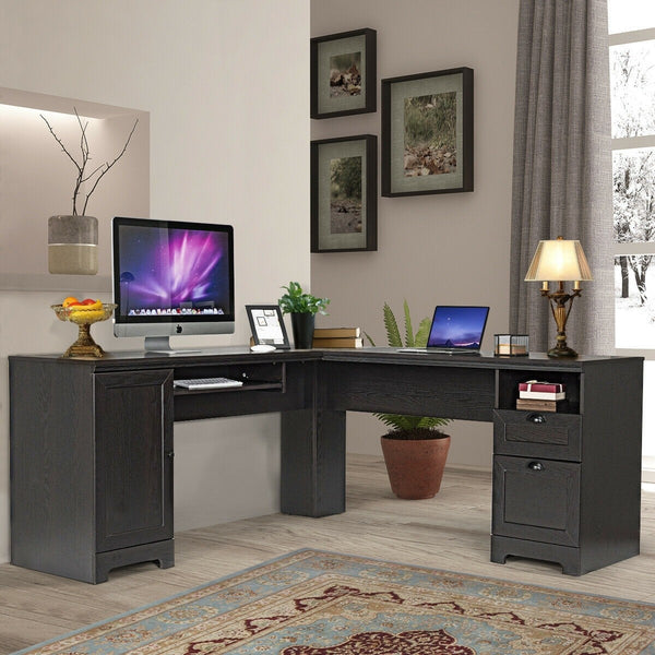 L Shaped Computer Writing Desk with Drawers - Coffee