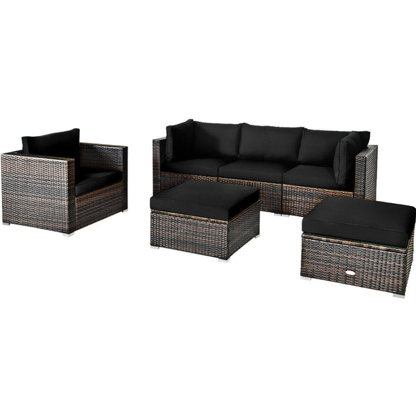 6pc Wicker Rattan Patio Sectional Cushion Furniture Set - Black