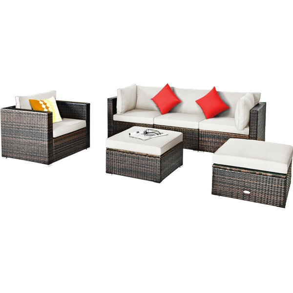 6pc Wicker Rattan Patio Sectional Cushion Furniture Set - White