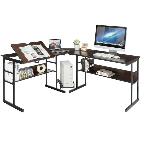 L-Shaped Computer Desk with Tiltable Tabletop - Brown