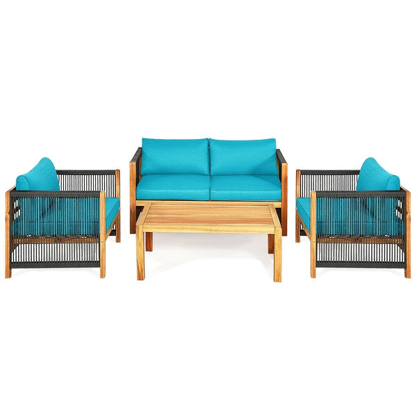 4pc Acacia Wood Outdoor Patio Furniture Set with Cushions - Turquoise