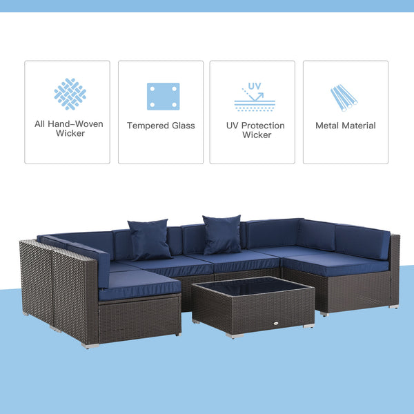 7pc Wicker Patio Furniture Sectional Sofa Set with Cushions - Coffee and Dark Blue