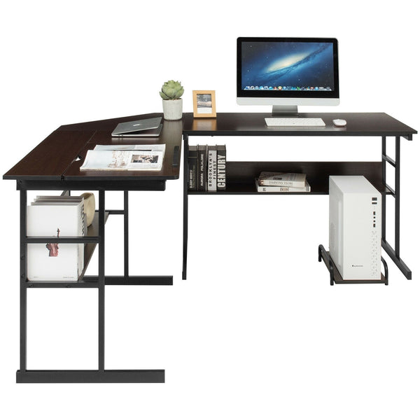 L-Shaped Computer Desk with Tiltable Tabletop - Brown