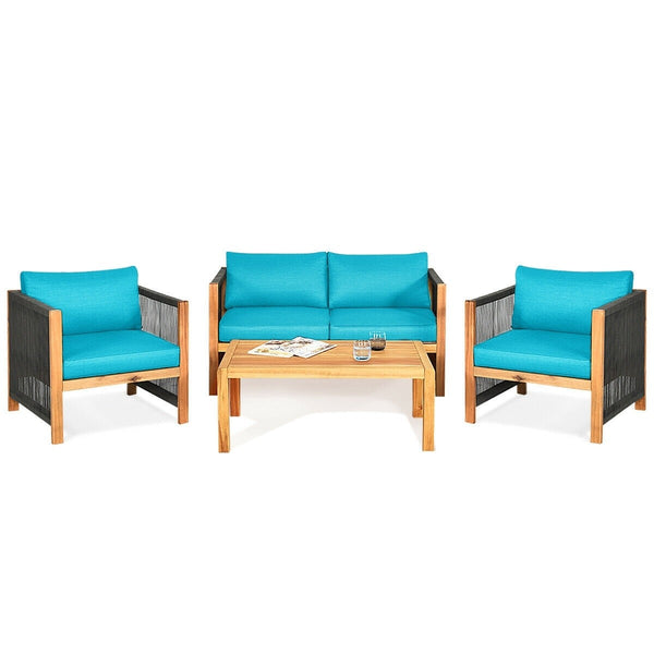 4pc Acacia Wood Outdoor Patio Furniture Set with Cushions - Turquoise