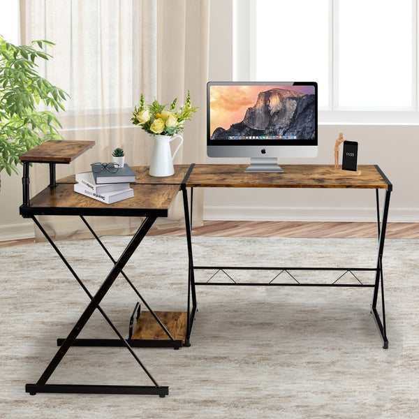 L-Shaped Computer Gaming Desk with Monitor Stand - Tan