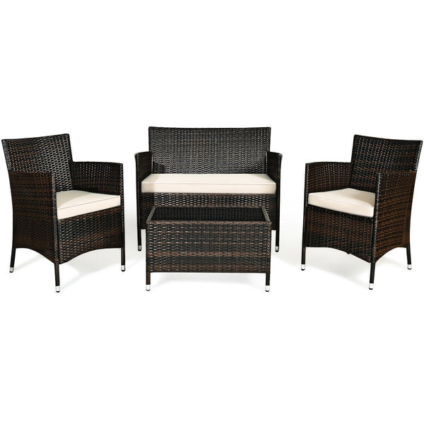 4pc Wicker Rattan Patio Conversation Furniture Set with Glass Table - Beige