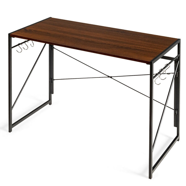 Folding Computer Writing Desk with Hooks - Brown