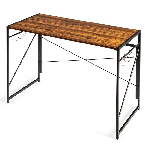 Folding Computer Writing Desk with Hooks - Rustic Brown