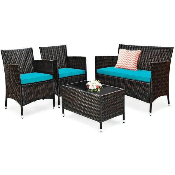 4pc Wicker Rattan Patio Conversation Furniture Set with Glass Table - Turquoise