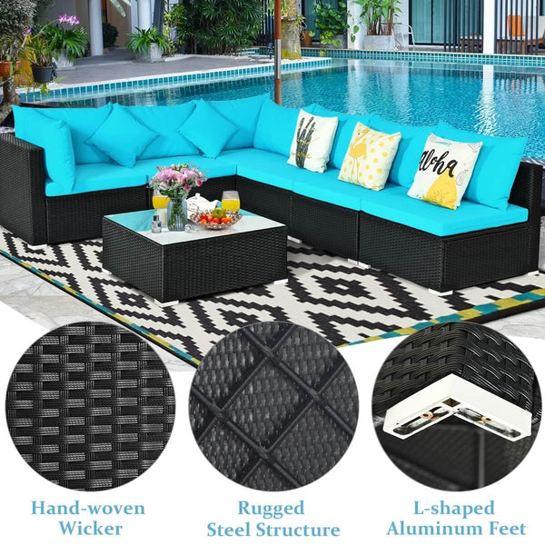 7pc Wicker Rattan Sectional Sofa Set with Cushions - Turquoise
