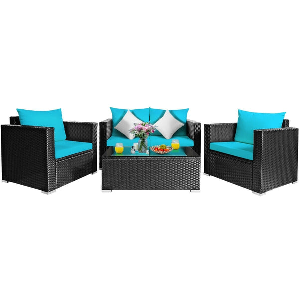 4pc Outdoor Wicker Rattan Cushioned Furniture Set - Turquoise