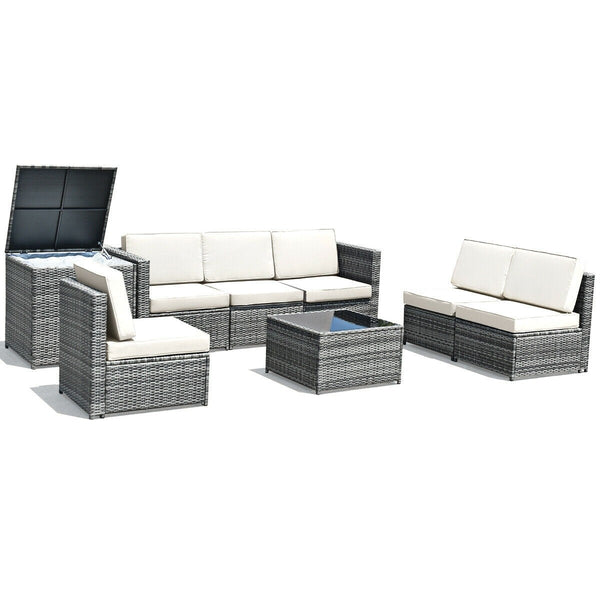 8pc Rattan Patio Dining Furniture Set with Storage Table - White