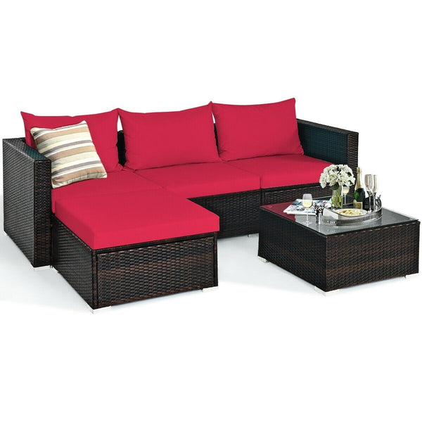 5pc Wicker Rattan Sectional Patio Set with Cushions and Coffee Table - Red