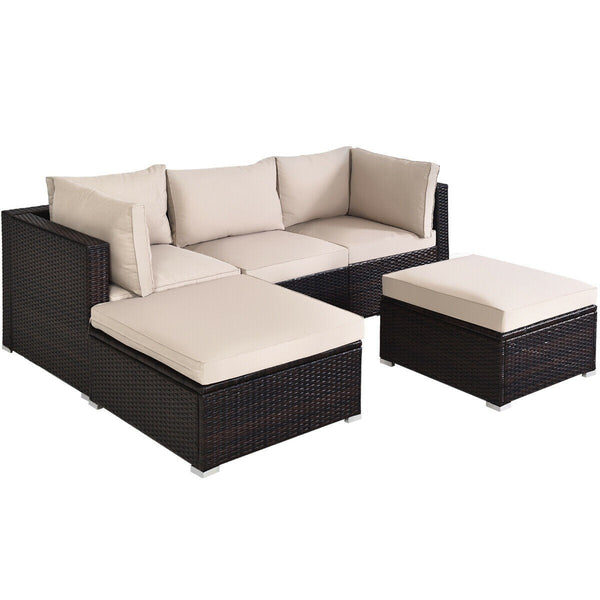 5pc Wicker Rattan Patio Sofa Set with Cushion and Ottoman - Beige