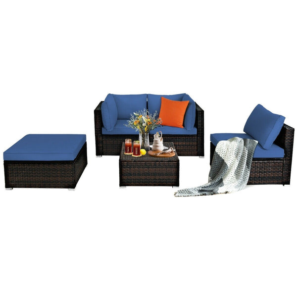 5pc Wicker Rattan Patio Sofa Set with Cushion and Ottoman - Navy
