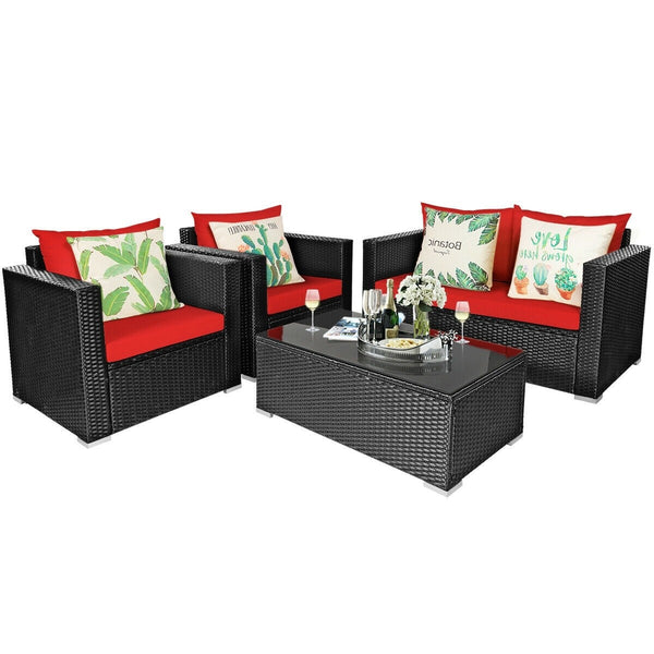 4pc Outdoor Wicker Rattan Cushioned Furniture Set - Red